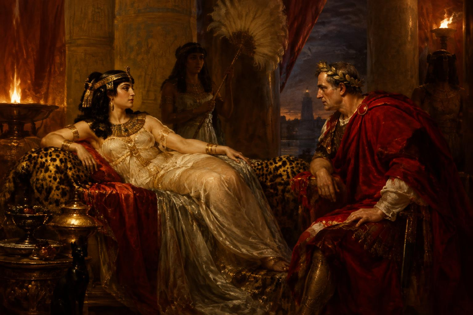 Recreación pictórica: Cleopatra, recostada en un diván con telas doradas y piel de leopardo, mira a Julio César, sentado con manto rojo y corona de laurel; al fondo, una sirvienta con abanico de plumas y el faro de Alejandría al anochecer.