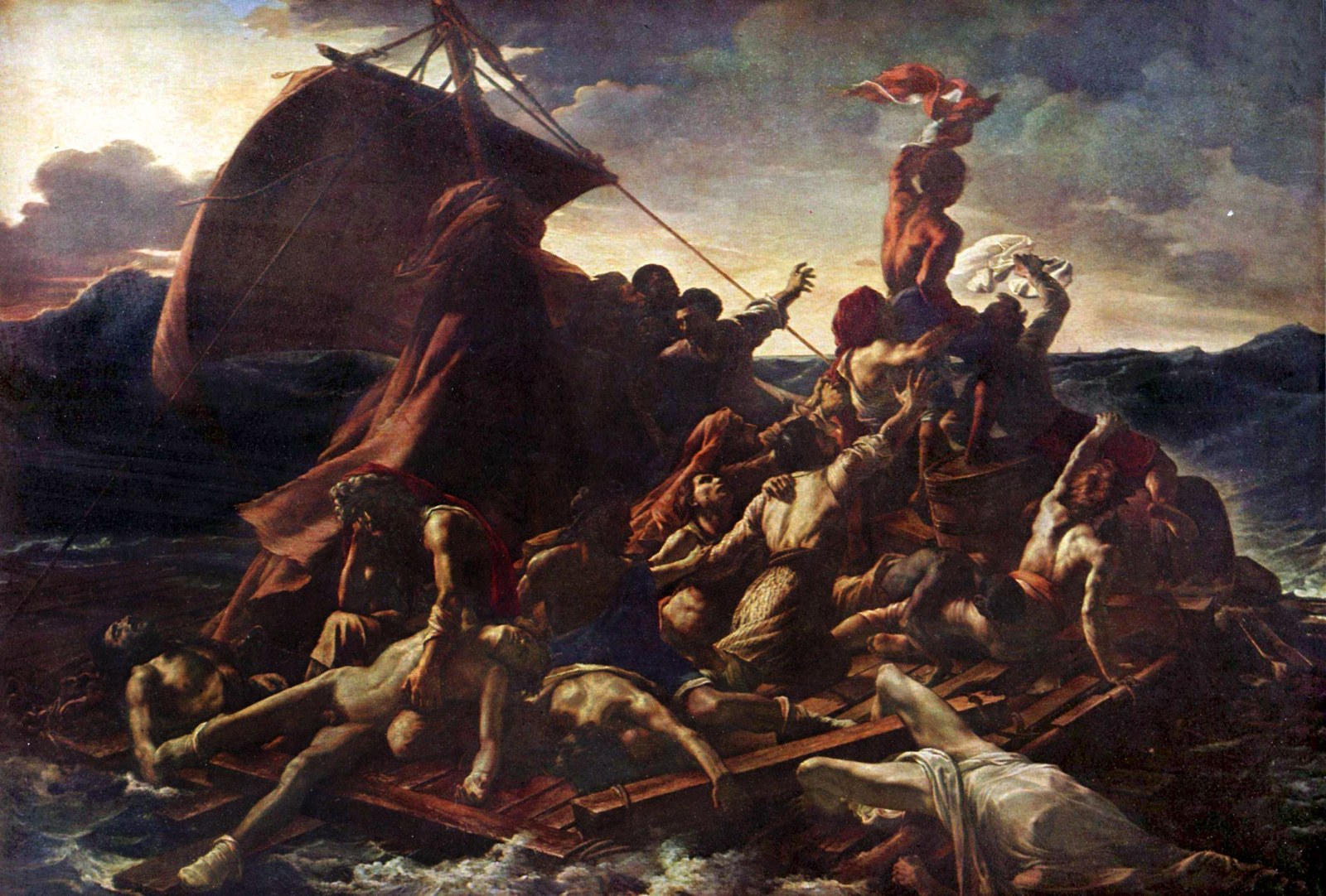 Náufragos sobre una balsa alzan los brazos hacia un barco lejano, entre cuerpos iluminados, sombras y un mar agitado.