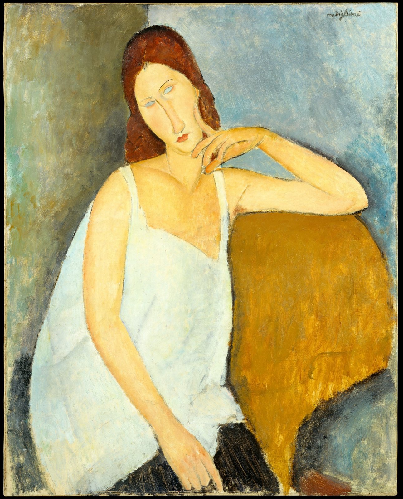 Jeanne Hébuterne · 1919 · Óleo sobre lienzo · 91,4 × 73 cm · The Metropolitan Museum of Art, Nueva York (inv. 56.184.2)