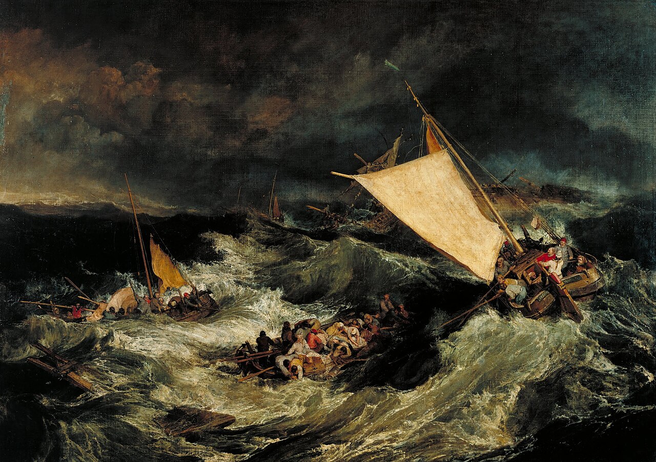 Embarcaciones y figuras luchan entre olas violentas, espuma y un cielo de tormenta alrededor de un barco naufragado.